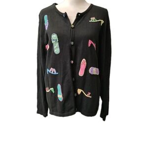Vtg Talbots Women Sz‎ XL Black Beaded Embroidered Shoe Theme Cardigan Coquette